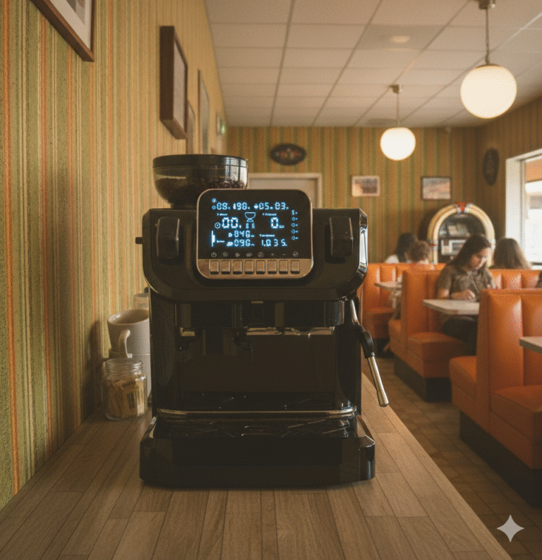Cafetera automática para café en grano y molido blanca con pantalla